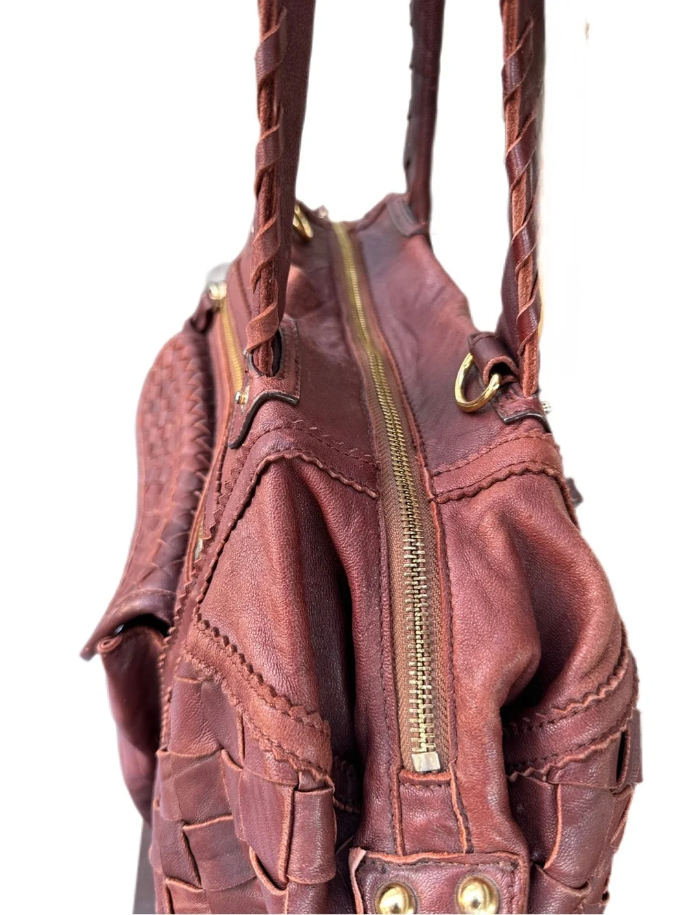 Vintage Bebe Burgundy Brown Leather Woven Boho Satchel Bag Y2K